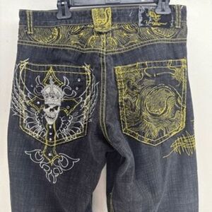 Vintage Victorious Men's Black Jeans Embroidered Skull Crown Cross 38 x 34 Wide